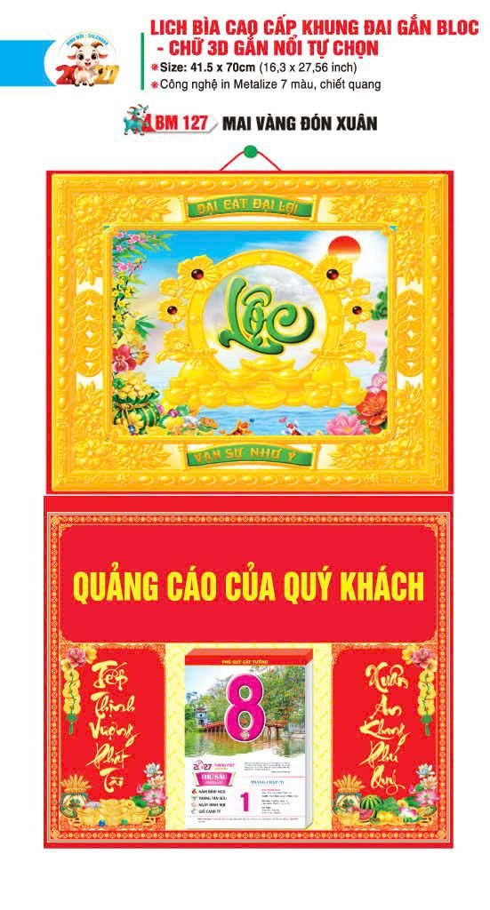 Bìa Lịch Treo Khung Đại Gắn Bloc BM 2027 BM127 - Mai Vàng Đón Xuân - Quà Tặng Gia Dụng